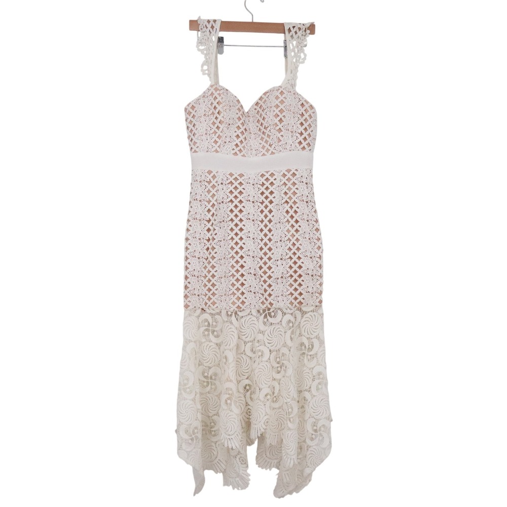 Jarlo Dress Womens 12 Midi Lace Handkerchief Hem White Nude Sleeveless Excellent